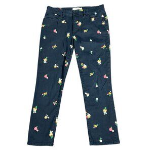 TORY BURCH Black Brindle Skinny Ankle Jeans Embroidered Floral Print Sz 28 EUC